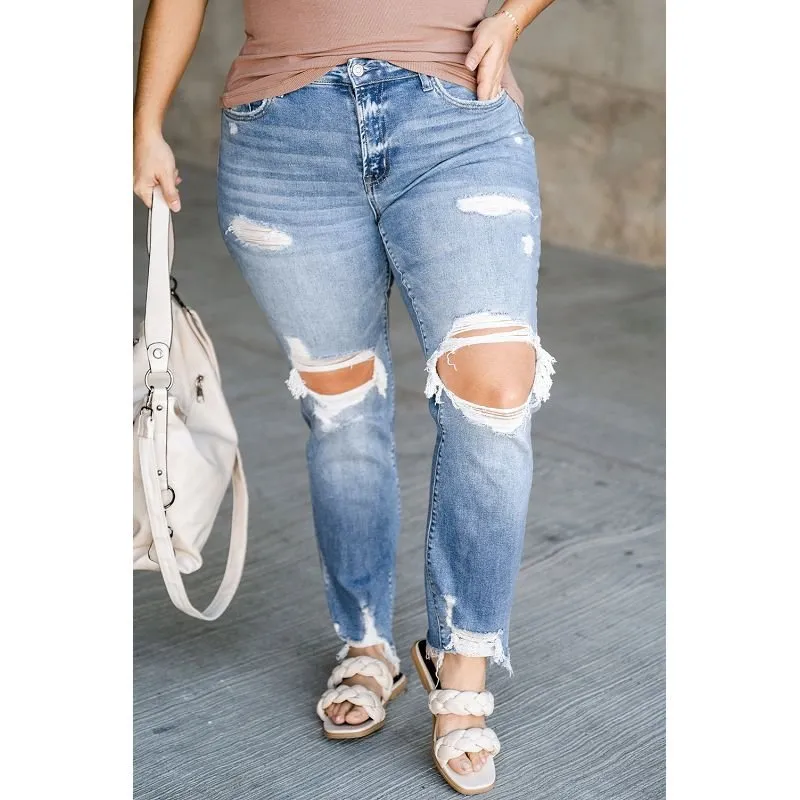 Distressed Holes Frayed Hem Plus Size Jeans