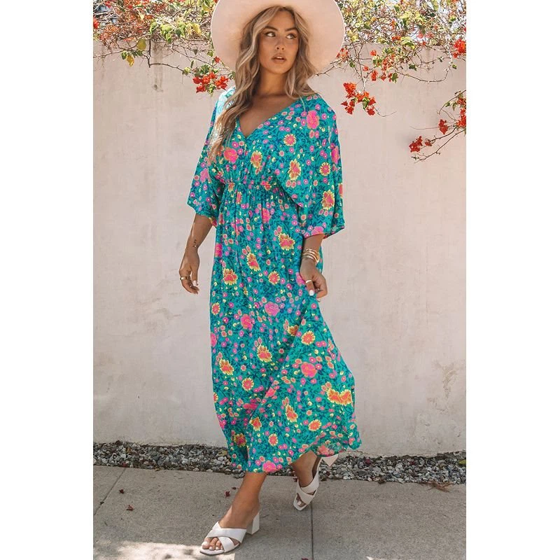 Green Boho Deep V Neck Floral Maxi Dress