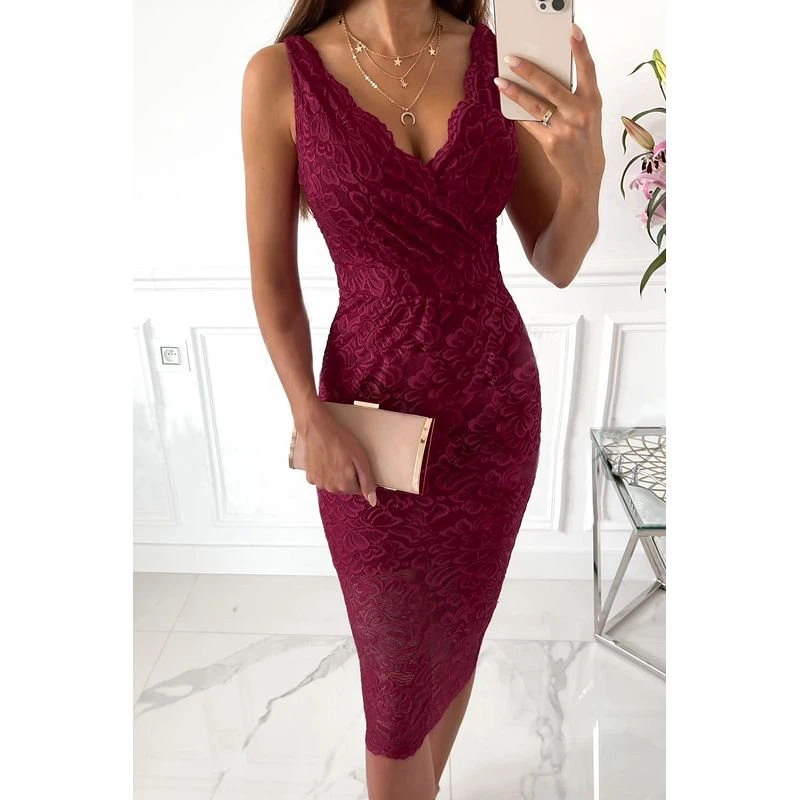 Red Lace Sleeveless Bodycon Midi Dress